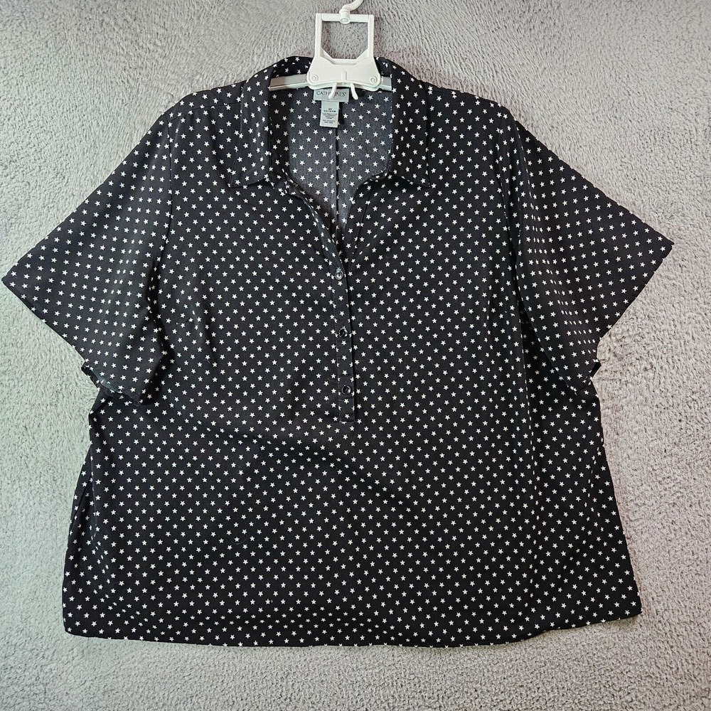 Catherines Tunic Shirt Top Women 2X 22 24 1/2 Button Short Sleeve Star Black